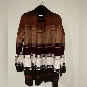 Time and Tru Maroon, Brown and Cream Striped Cardigan
